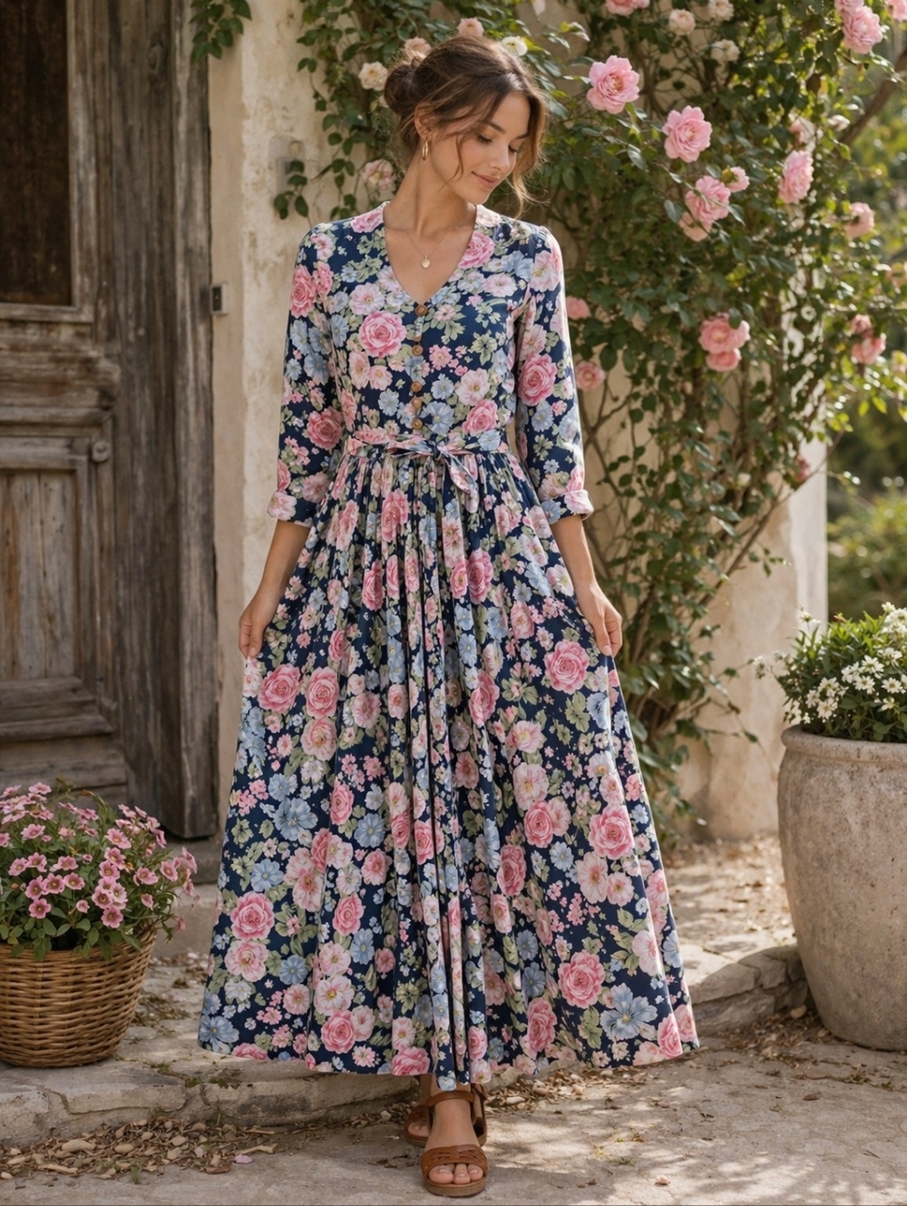 Vintage Les Modes Jolibel Floral Cottagecore Dress Romantic Prairie Tie Hearts